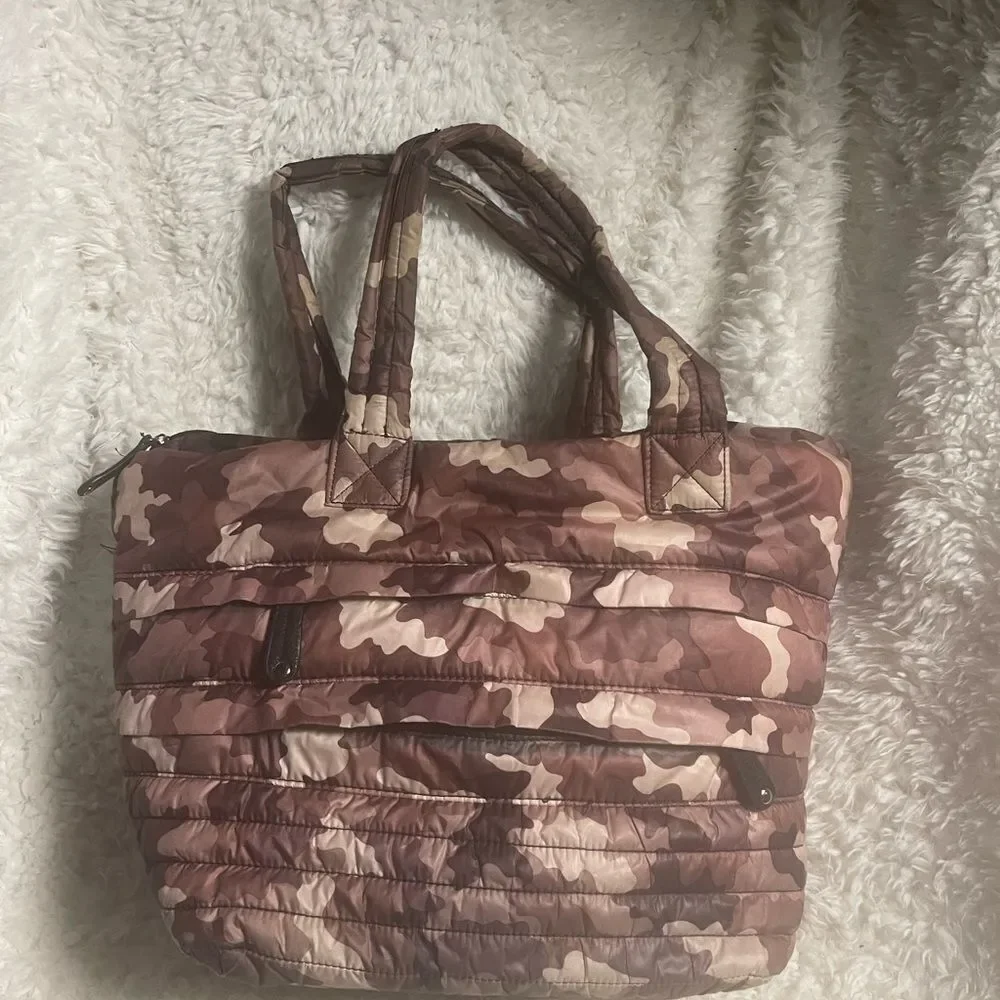 Sondra Roberts Squared quilted nylon burgundy & tan camouflage medium tote bag